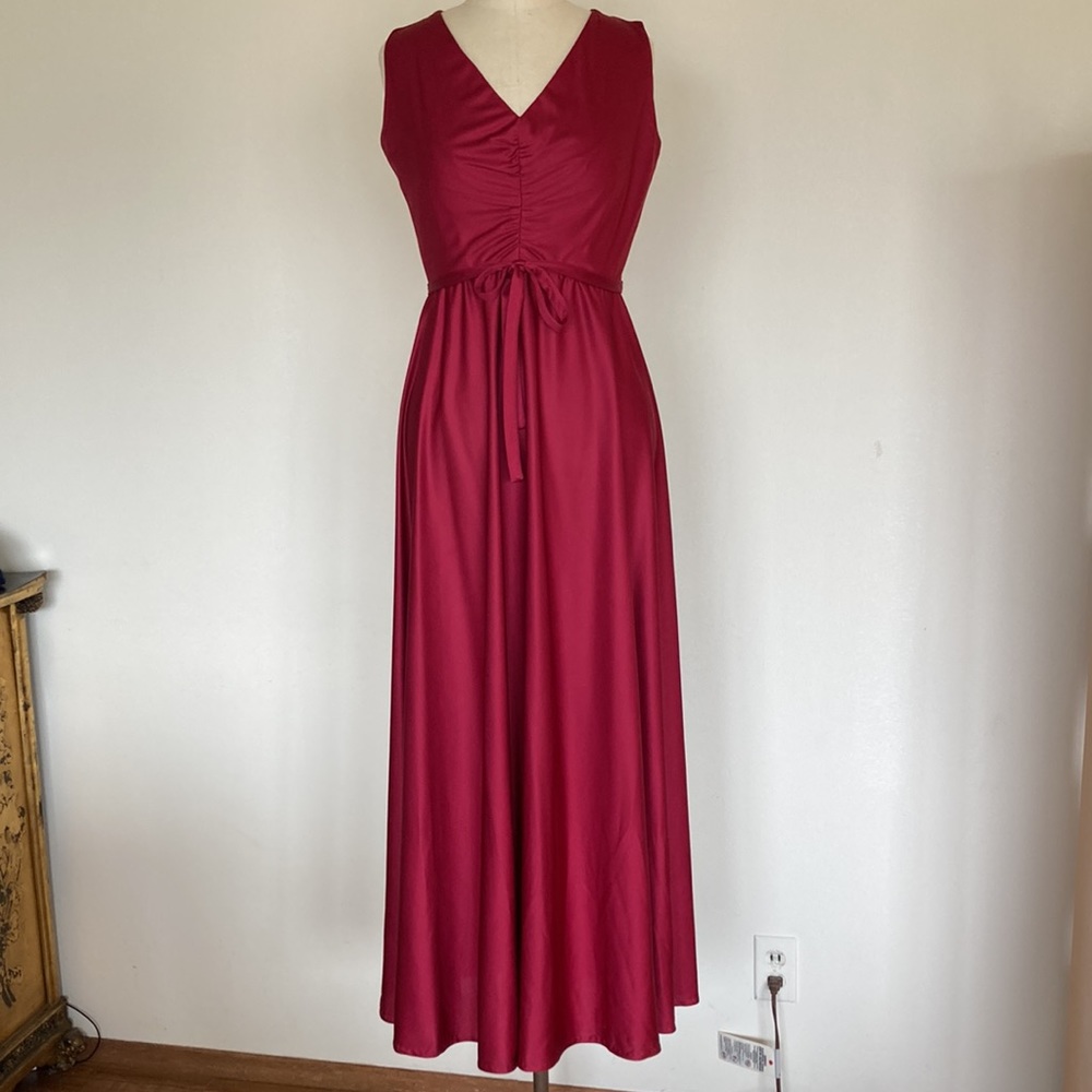 70s 2-piece set, maxi sleeveless dress and sheer floral capelet, burgundy, S - Picture 5 of 16